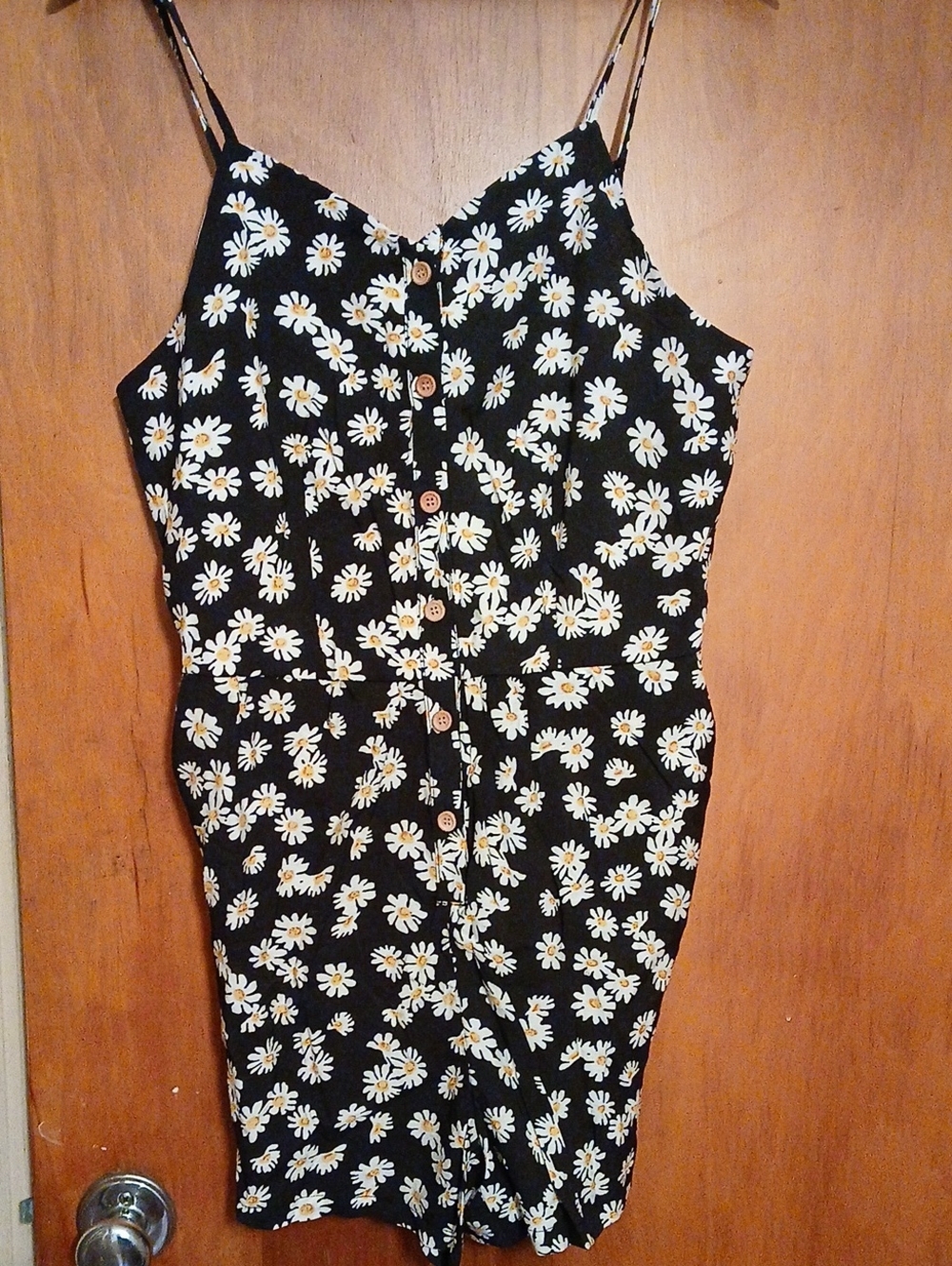 PatPat Black Daisy-Print Spaghetti-Strap Romper with Buttons